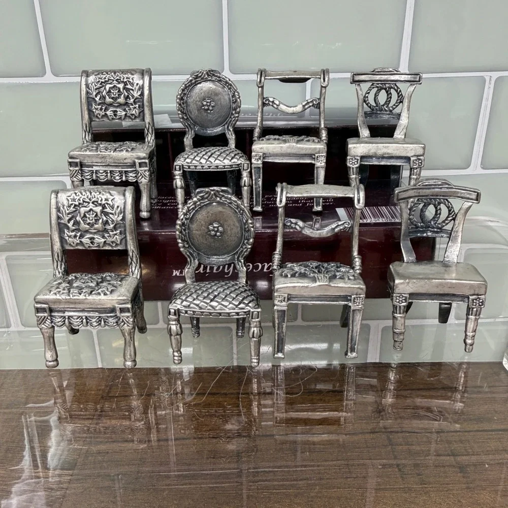 VTG Sixtrees Pewter Miniature Chairs Place Card Holders Set 8 Orig Box